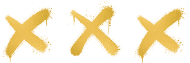 Zu sehen sind drei in gelb handgemalte Kreuze, die nebeneinander horizontal angeordnet sind.