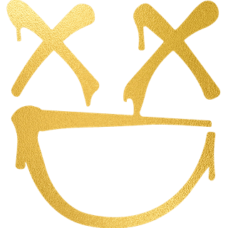 Zu sehen ist ein in gelb handgemalter Halbkreis und darüber zwei in gelb handgemalte Kreuze.