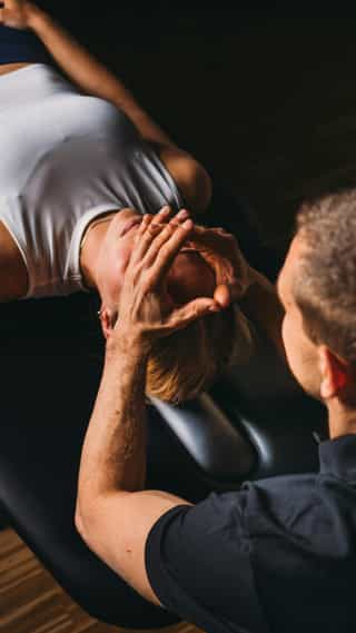 Trainer mobilisiert die Nackenmuskulatur einer Patientin.